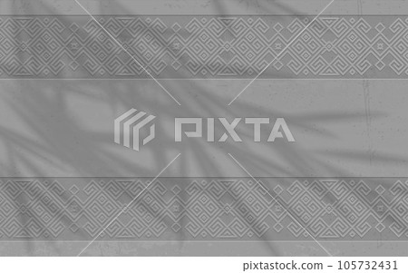 Vector grunge rough gray concrete background with viking epic scandinavian pattern, leaves shadow overlay. Exposed art concrete brutal ethnic geometric pattern in norwegian style. Slavic pagan design Vector grunge rough gray concrete background with viking epic scandinavian pattern, leaves shadow overlay. Exposed art concrete brutal ethnic geometric pattern in norwegian style. Slavic pagan design 105732431