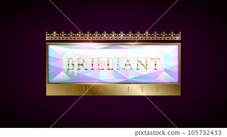 Brilliant quality product banner tag. Premium rectangle diamond label with golden frame and crown on dark purple background. VIP luxury logo template. Vector illustration Brilliant quality product banner tag. Premium rectangle diamond label with golden frame and crown on dark purple background. VIP luxury logo template. Vector illustration 105732433