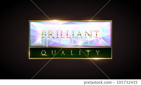 Brilliant quality product banner tag. Premium rectangle diamond label with golden frame and green line on black background. Dark luxury logo template. Vector illustration 105732435