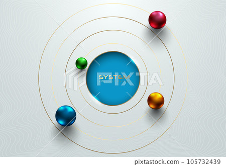 Shiny metallic spheres orbit around cut blue center frame on white background. Science or education futuristic abstract design. Solar system golden circle tech style vector illustration Shiny metallic spheres orbit around cut blue center frame on white background. Science or education futuristic abstract design. Solar system golden circle tech style vector illustration 105732439
