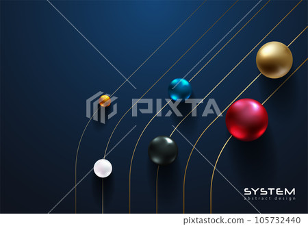 Shiny various metallic color spheres roll golden thin line trail path on dark blue background. Science or education futuristic abstract design. Bright color business tech style vector illustration Shiny various metallic color spheres roll golden thin line trail path on dark blue background. Science or education futuristic abstract design. Bright color business tech style vector illustration 105732440