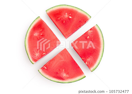 Red seedless watermelon slices isolated on white background. Top view. Flat lay 105732477