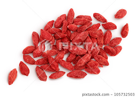 Dried goji berries isolated on white background. Top view. Flat lay. 105732503