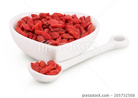 Dried goji berries in ceramic bowl and spoon isolated on white background with full depth of field Dried goji berries in ceramic bowl and spoon isolated on white background with full depth of field 105732508