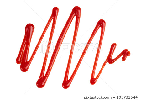 Red tomato sauce or ketchup isolated on white background . Top view. Flat lay 105732544
