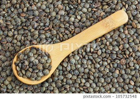 raw french green lentils in wooden spoon isolated on white background. Top view. Flat lay 105732548