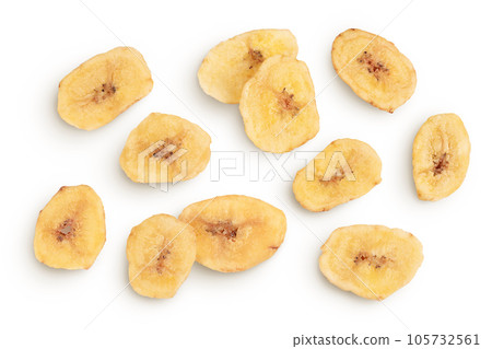 Dried banana chips isolated on white background with full depth of field. Top view. Flat lay Dried banana chips isolated on white background with full depth of field. Top view. Flat lay 105732561