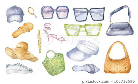 Set of female items, accessories watercolor illustration isolated on white. Collection of shoes, glasses, bags watercolor hand drawn. Design for shop, sale, textile, packaging, showcase, summer print 105732596
