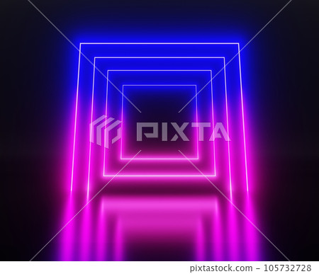 Futuristic neon portal, tunnel of square light frames, glow blue pink gate of led lamps on water surface 3d render. Modern art gallery, cyber space stage on black abstract background. 3D illustration 105732728