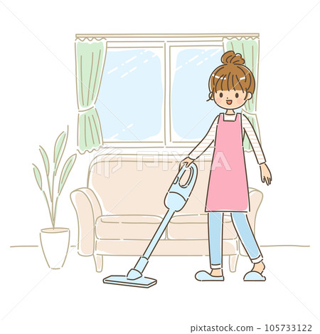 A young woman vacuuming with a smile There is a background A young woman vacuuming with a smile There is a background 105733122