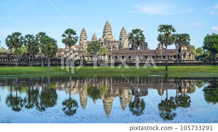 Ancient ruins Angkor Wat temple - famous Cambodian landmark. Siem Reap, Cambodia. Ancient ruins Angkor Wat temple - famous Cambodian landmark. Siem Reap, Cambodia. 105733291