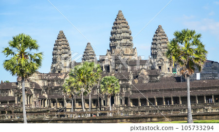 Ancient ruins Angkor Wat temple - famous Cambodian landmark. Siem Reap, Cambodia. Ancient ruins Angkor Wat temple - famous Cambodian landmark. Siem Reap, Cambodia. 105733294