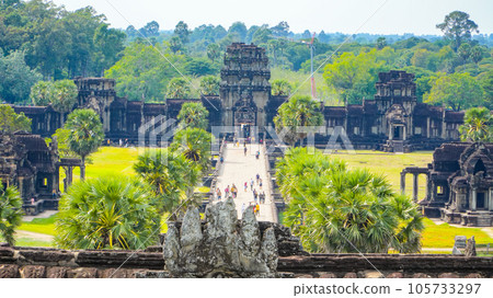 Ancient ruins Angkor Wat temple - famous Cambodian landmark. Siem Reap, Cambodia. Ancient ruins Angkor Wat temple - famous Cambodian landmark. Siem Reap, Cambodia. 105733297