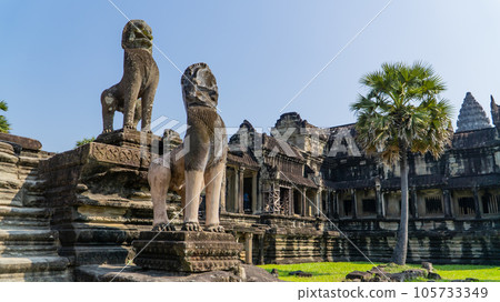 Ancient ruins Angkor Wat temple - famous Cambodian landmark. Siem Reap, Cambodia. 105733349