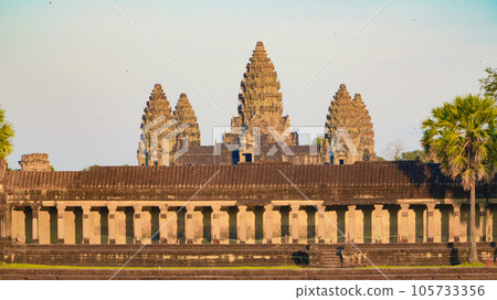 Ancient ruins Angkor Wat temple - famous Cambodian landmark. Siem Reap, Cambodia. Ancient ruins Angkor Wat temple - famous Cambodian landmark. Siem Reap, Cambodia. 105733356