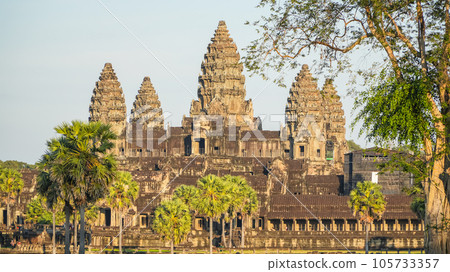 Ancient ruins Angkor Wat temple - famous Cambodian landmark. Siem Reap, Cambodia. Ancient ruins Angkor Wat temple - famous Cambodian landmark. Siem Reap, Cambodia. 105733357
