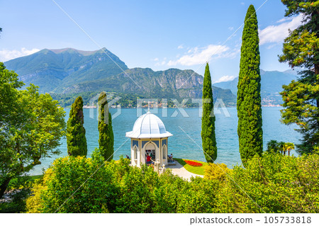 Moorish Kiosk, Italian: Chiosco Moresco, gazebo in botanical gardens of Villa Melzi, Bellagio, Como Lake, Italy Moorish Kiosk, Italian: Chiosco Moresco, gazebo in botanical gardens of Villa Melzi, Bellagio, Como Lake, Italy 105733818