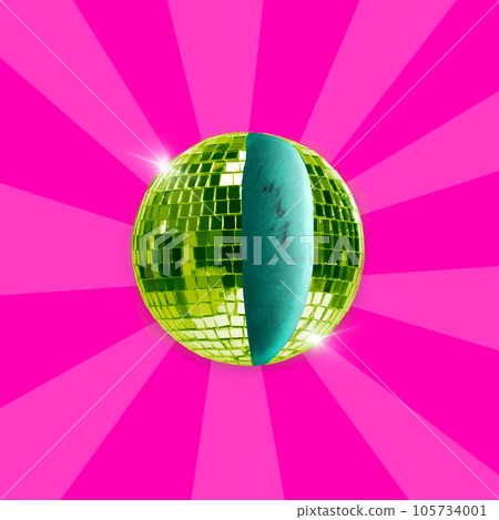 Creative green disco shaped ball with flash effect sparkle and shine as watermalon over pink background. 105734001