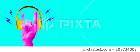 Contemporary art collage of pink arm fingers demonstrate heavy metal symbol and wireless headphones with zippers, thunders isolated on vivid cyan background. 105734002