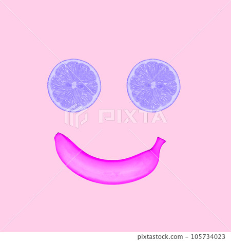 Contemporary art collage. Smiling banana and lemon in pink and purple color scheme. 105734023