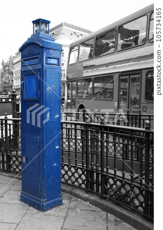 Color isolated blue police public call post in London 105734165