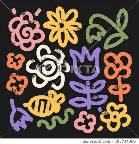 Children's drawings of abstract flowers with thick stems isolated on dark background. Vector organic shape flowers. Collection of flowers in naive and childish style. Brush texture doodles 105734309