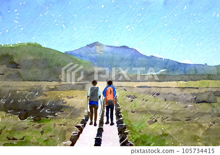Climbers walking the wooden path of Oze Landscape painting Generative AI 105734415