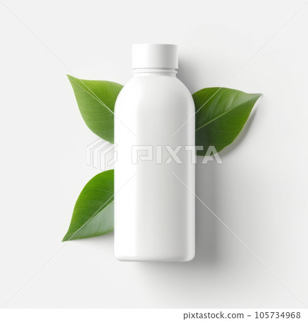 Blank plastic cosmetics container for cream or shampoo. Cosmetics bottle mockup with tropical leaves. Blank plastic cosmetics container for cream or shampoo. Cosmetics bottle mockup with tropical leaves. 105734968