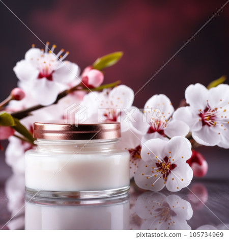 Moisturizing cream and almond blooms front view close up Moisturizing cream and almond blooms front view close up 105734969