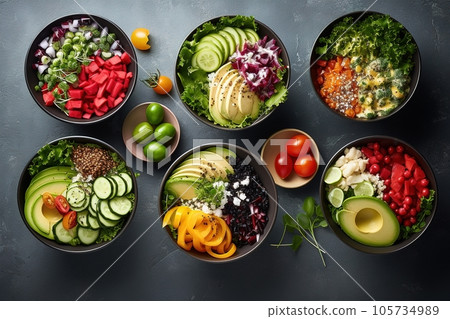 Table set with healthy food in bowls Table set with healthy food in bowls 105734989