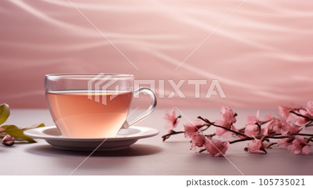 A cup of tea and flowers on pink background 105735021