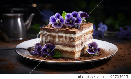Traditional italian dessert tiramisu decorated with edible flowers 105735025