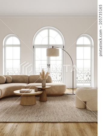 Contemporary classic white beige interior with green plant tree and decor carpet background. Large modern japanese lamp and nature front view. 3d rendering illustration. High quality 3d illustration 105735165
