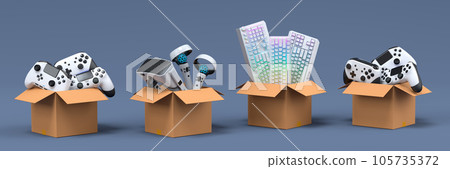 Set of gamer joysticks, vr glasses and keyboards in cardboard box on black Set of gamer joysticks, vr glasses and keyboards in cardboard box on black 105735372