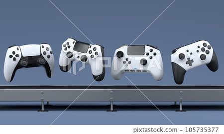 Set of gamer joysticks or gamepads on factory line on black background 105735377