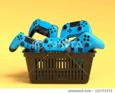 Set of gamer joysticks or gamepads in plastic basket on yellow background Set of gamer joysticks or gamepads in plastic basket on yellow background 105735378