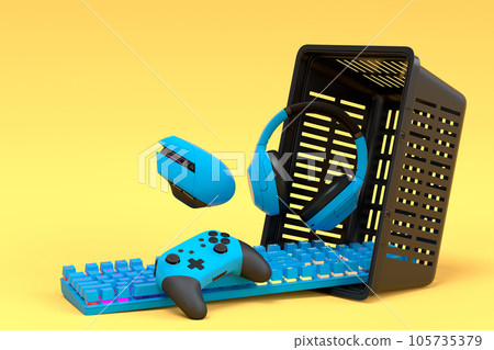 Flying gamer gears like mouse, keyboard, joystick, headset, VR, web camera Flying gamer gears like mouse, keyboard, joystick, headset, VR, web camera 105735379