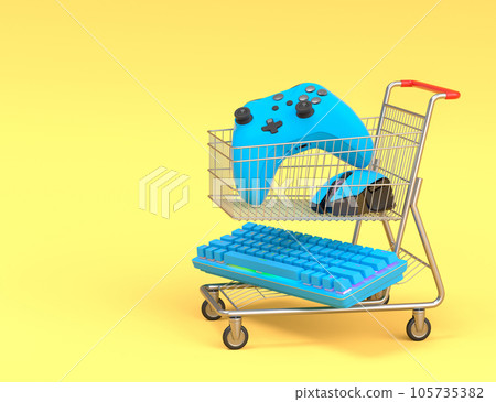 Gamer workspace and gear like mouse, keyboard, joystick in shopping carts Gamer workspace and gear like mouse, keyboard, joystick in shopping carts 105735382