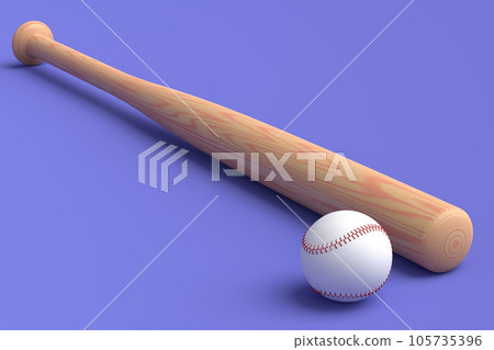 Wooden professional softball or baseball bat and ball on violet background 105735396