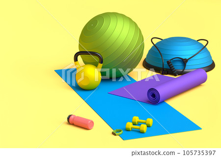 Isometric view of sport equipment like kettlebell, fitness ball and yoga mat 105735397