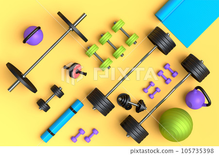 Isometric view of sport equipment like kettlebell, fitness ball and yoga mat 105735398