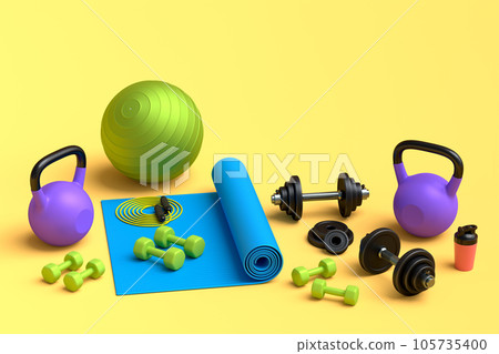 Isometric view of sport equipment like kettlebell, fitness ball and yoga mat 105735400