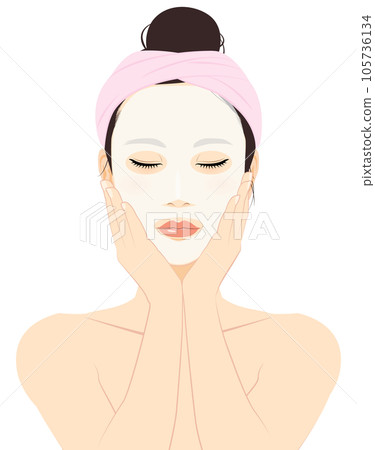 Illustration of a woman closing her eyes while doing a beauty pack #02 105736134