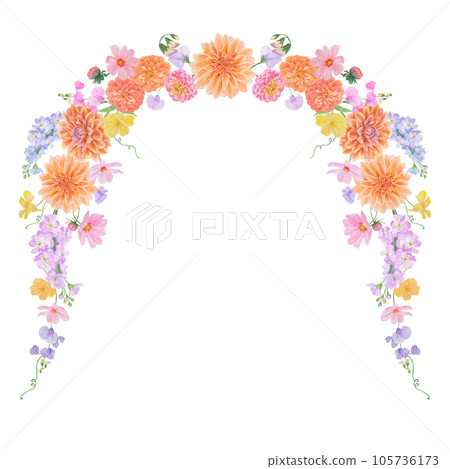 Watercolor botanical colourful frame of summer and autumn flowers: dahlia, zinnia, lathyrus, gillyflower, nasturtium. Good for wedding print products, paper, invitations, greetings, fabric, posters 105736173