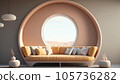 Sofa in vintage interior against round window Sofa in vintage interior against round window 105736282