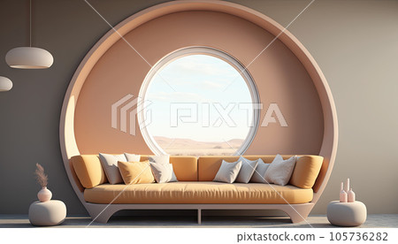 Sofa in vintage interior against round window Sofa in vintage interior against round window 105736282