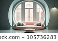 Sofa in vintage interior against round window Sofa in vintage interior against round window 105736283