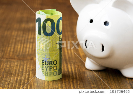 Piggy bank stands close to the one hundred Euros note Piggy bank stands close to the one hundred Euros note 105736465