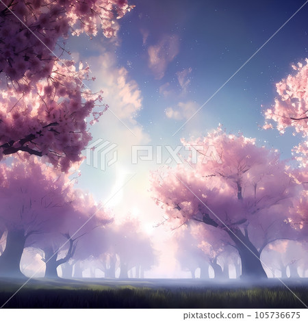 Dawn with blue shining clouds and silhouettes of trees 105736675