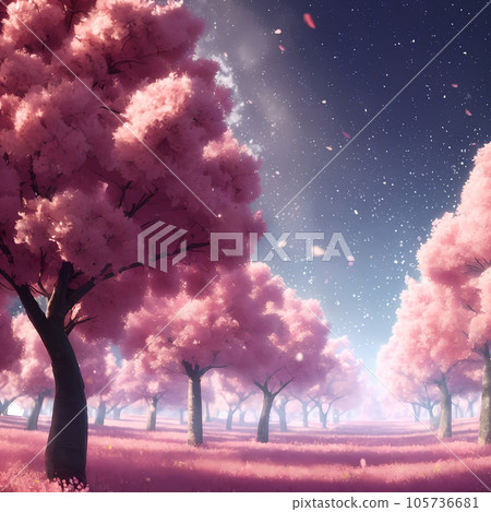 夢幻夜空下櫻花盛開的山丘風景 105736681